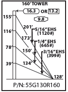 ROHN 55G Complete 160 Foot 130 MPH Guyed Tower R-55G130R160