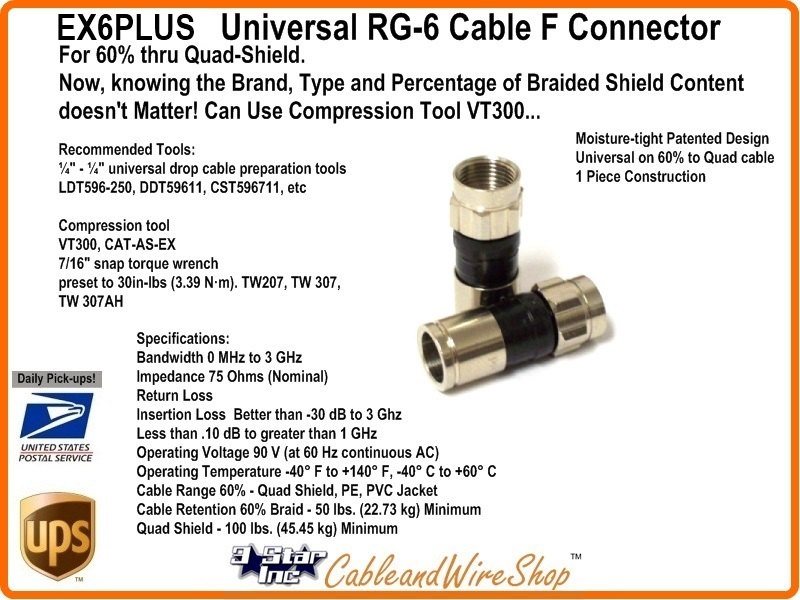 100pc PPC EX6 Plus Compress fittings RG6 Coaxial Cable UV & Chemical Resistance 
