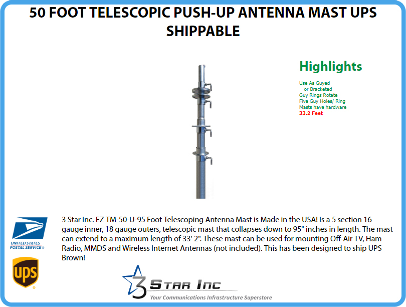 TV WIFI HAM Antenna Push Up Pole Easy Up 28/' Telescoping Mast EZ TM 40U-95