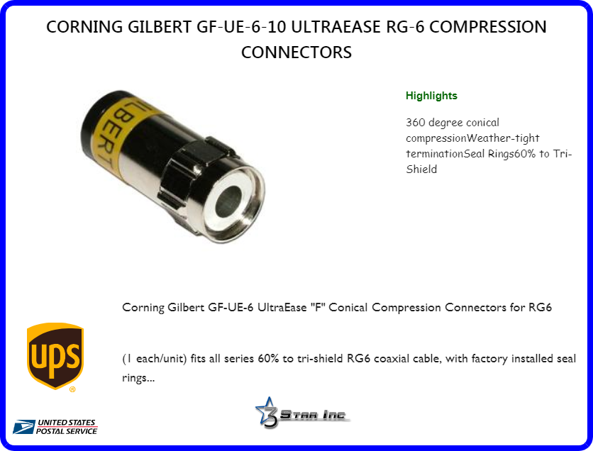 25pc Corning Gilbert 21mm COMPRESSION RG6 Connectors Coaxial Fittings GF-URS-6-K 