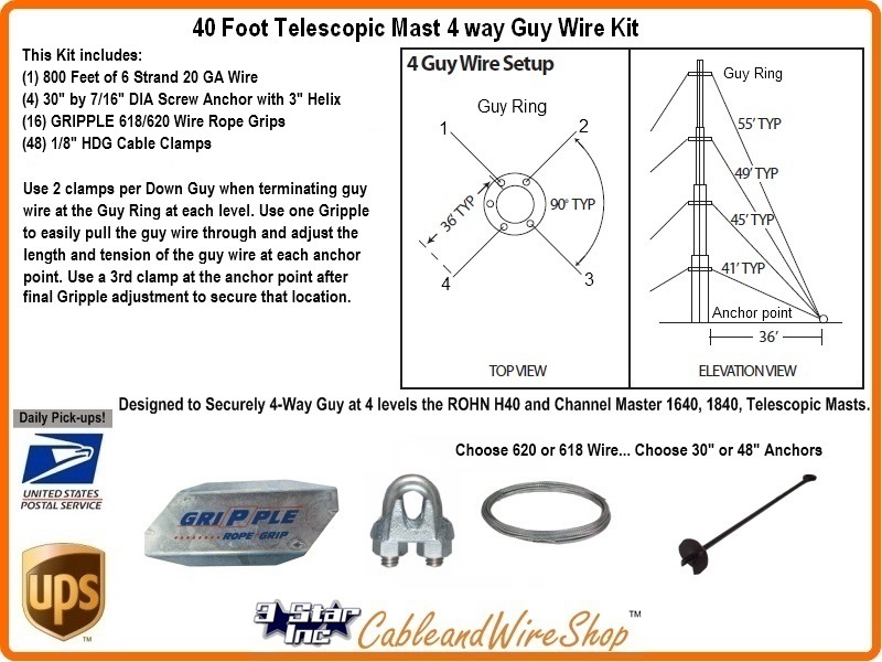 40/' ft 3 Way Down Guy Wire Kit w// 48/" Anchors for Telescoping Antenna Masts