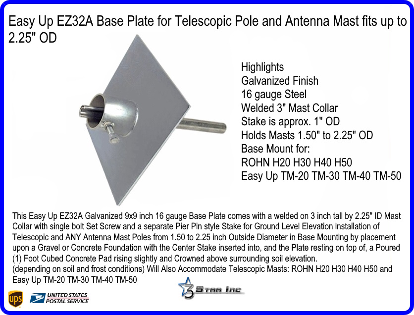 Ez32a Telescopic Antenna Mast Heavy Duty Base Plate 3 Star Inc Logo Ez32a Telescopic Antenna Mast Heavy, Grounding Tv Antenna Mast