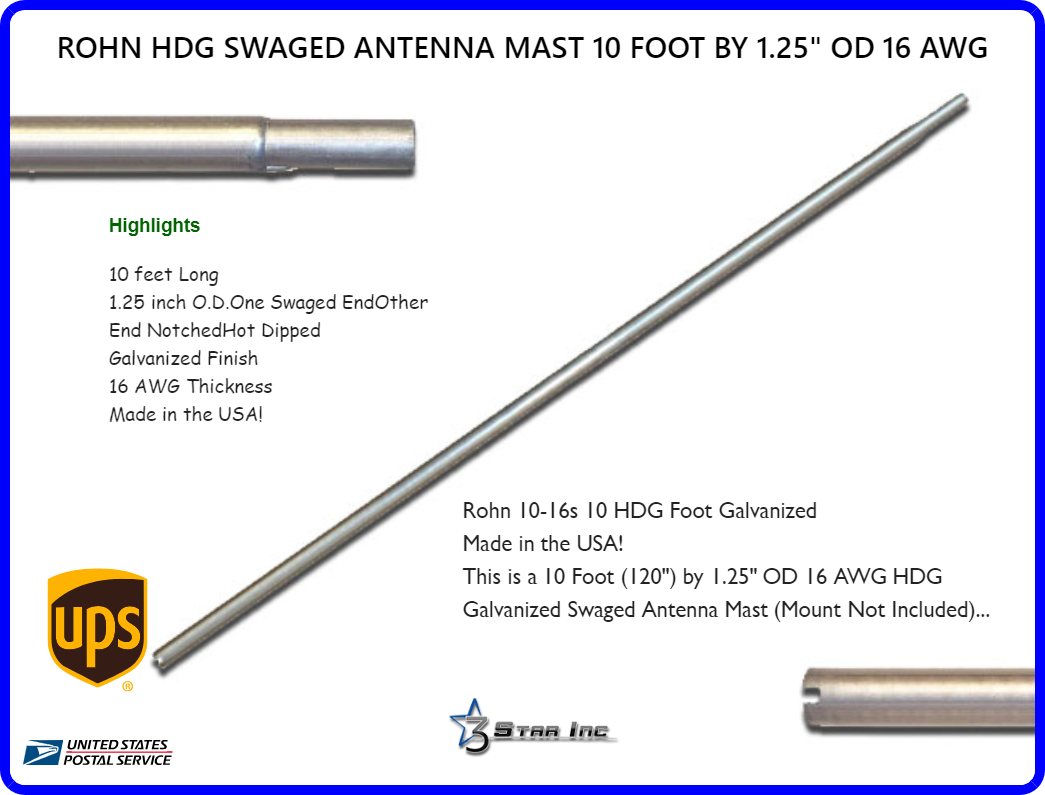 10' Foot X 1.25" OD 16 AWG Rohn HDG Antenna Mast Pole Swaged