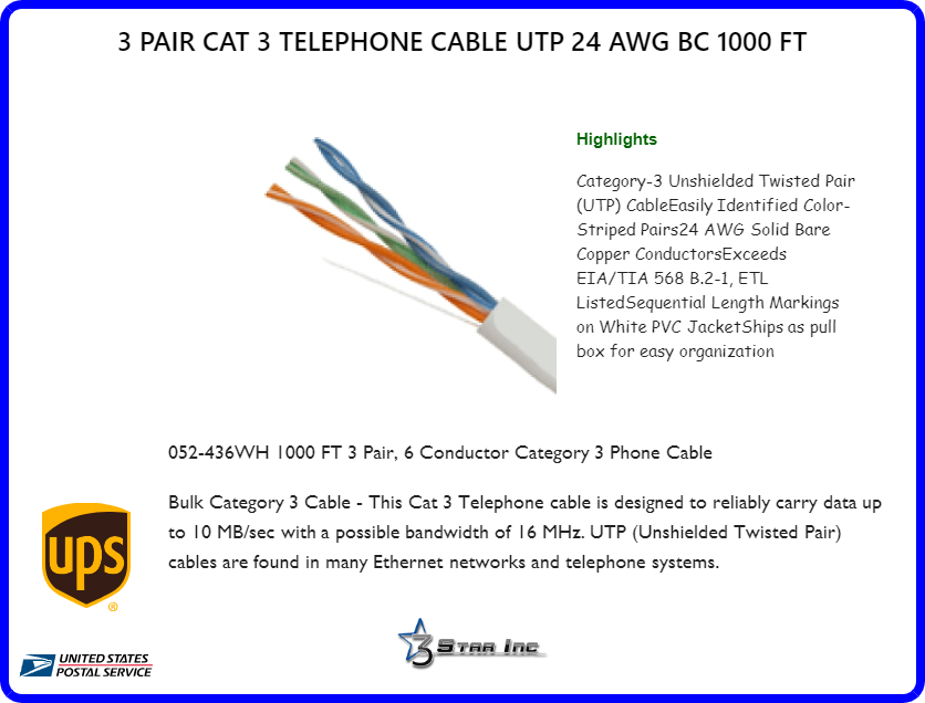 3 Pair CAT 3 Telephone Cable UTP 24 AWG BC 1000 FT