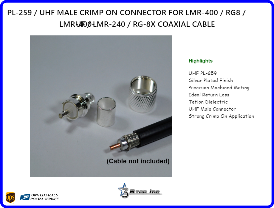LMR400 10 SILVER TEFLON UHF MALE PL-259 CRIMP CONNECTORS RG-8 11 83 213 214 393 
